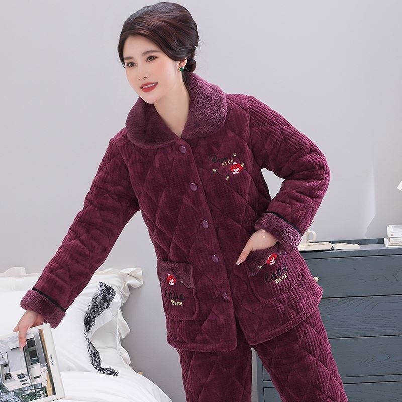 冬季睡衣女加厚棉三层夹棉袄中老年妈妈棉家居服秋冬天保暖可外穿