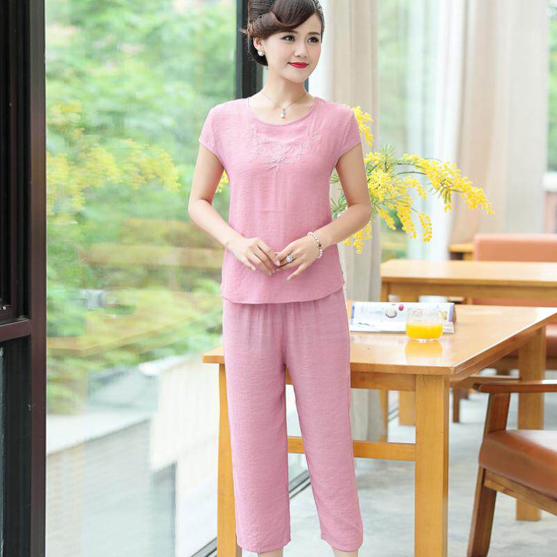 中年人妈妈套装夏中老年时髦亚棉麻麻棉麻时尚女装中年夏装大码