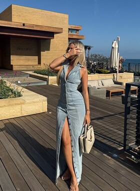浅蓝色性感纽扣牛仔长裙连衣裙  Women Sexy Cowboy Long Dress