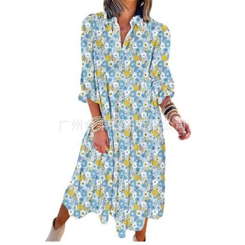 印花V领宽松大摆衬衫连衣裙 Stylish V-neck printed shirt