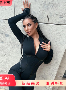 欧美女装辣妹运动皮织带分割线长袖拉链紧身提臀连体裤瑜伽连身衣