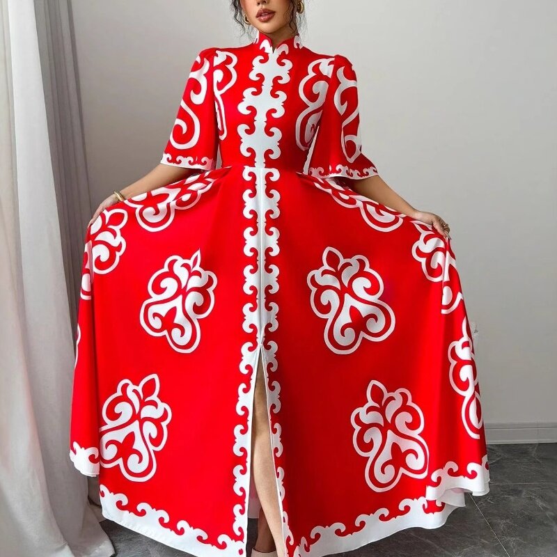 红色旗袍领宽松大摆花卉连衣裙 Loose Flower Dress