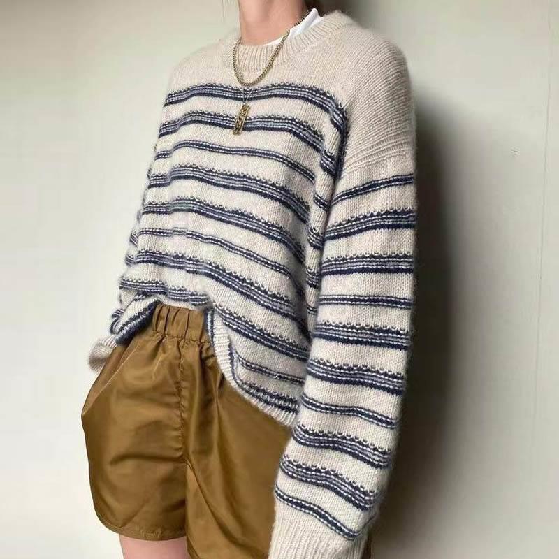 欧美风新款时尚条纹圆领粗针长袖毛衣 crew neck striped sweater