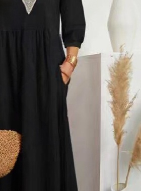 V-neck loose fitting high waisted dress纯色V领宽松高腰