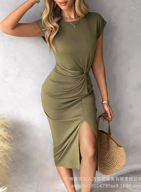 扭结短袖休闲连衣裙 Women Twisted Short Sleeve Casual Dress