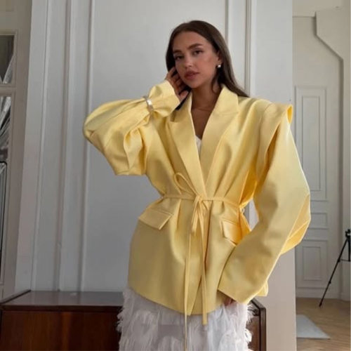 Women Causal Blazer Coats欧美设计感西装收腰系带垫肩纯色外套