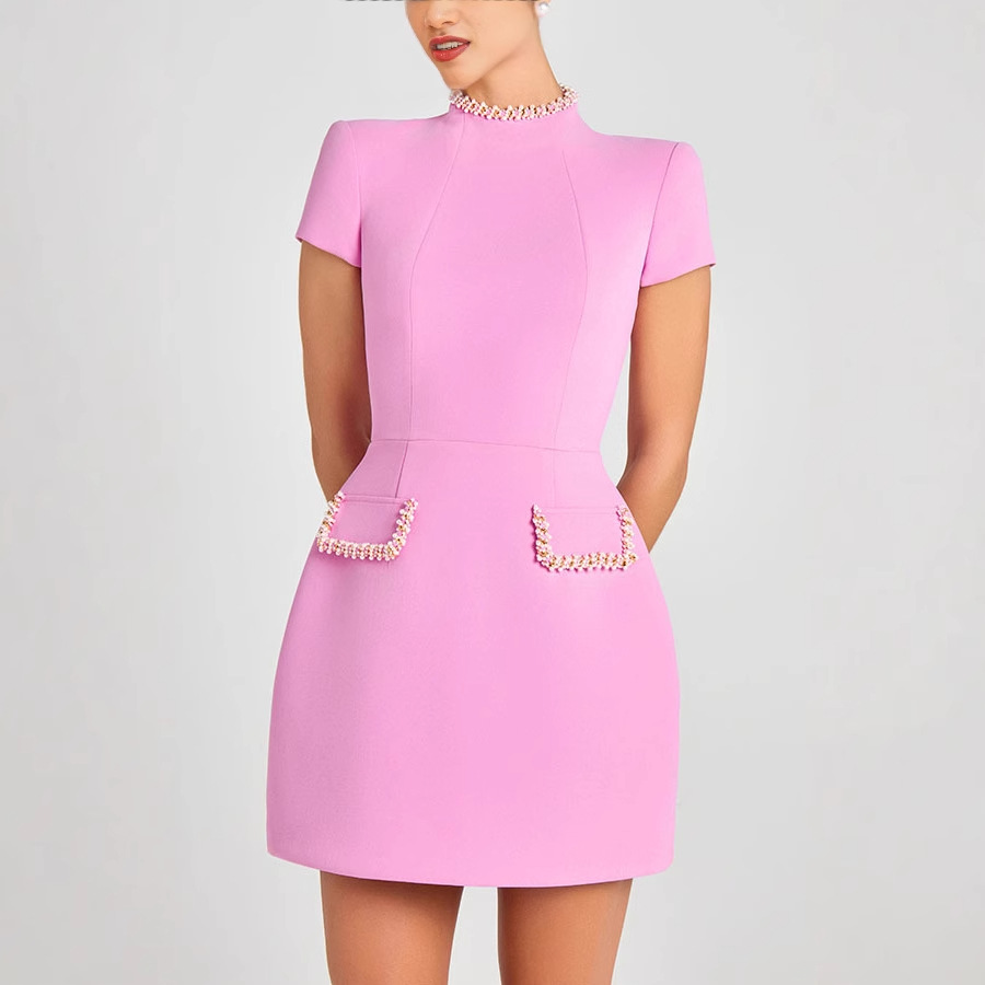 修身圆领钉珠小香风短裙连衣裙 Nail Bead Small Fragrant Dress