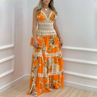 Print Lace Floral Contrast 连衣裙 Maxi Dress花边拼接印花长款