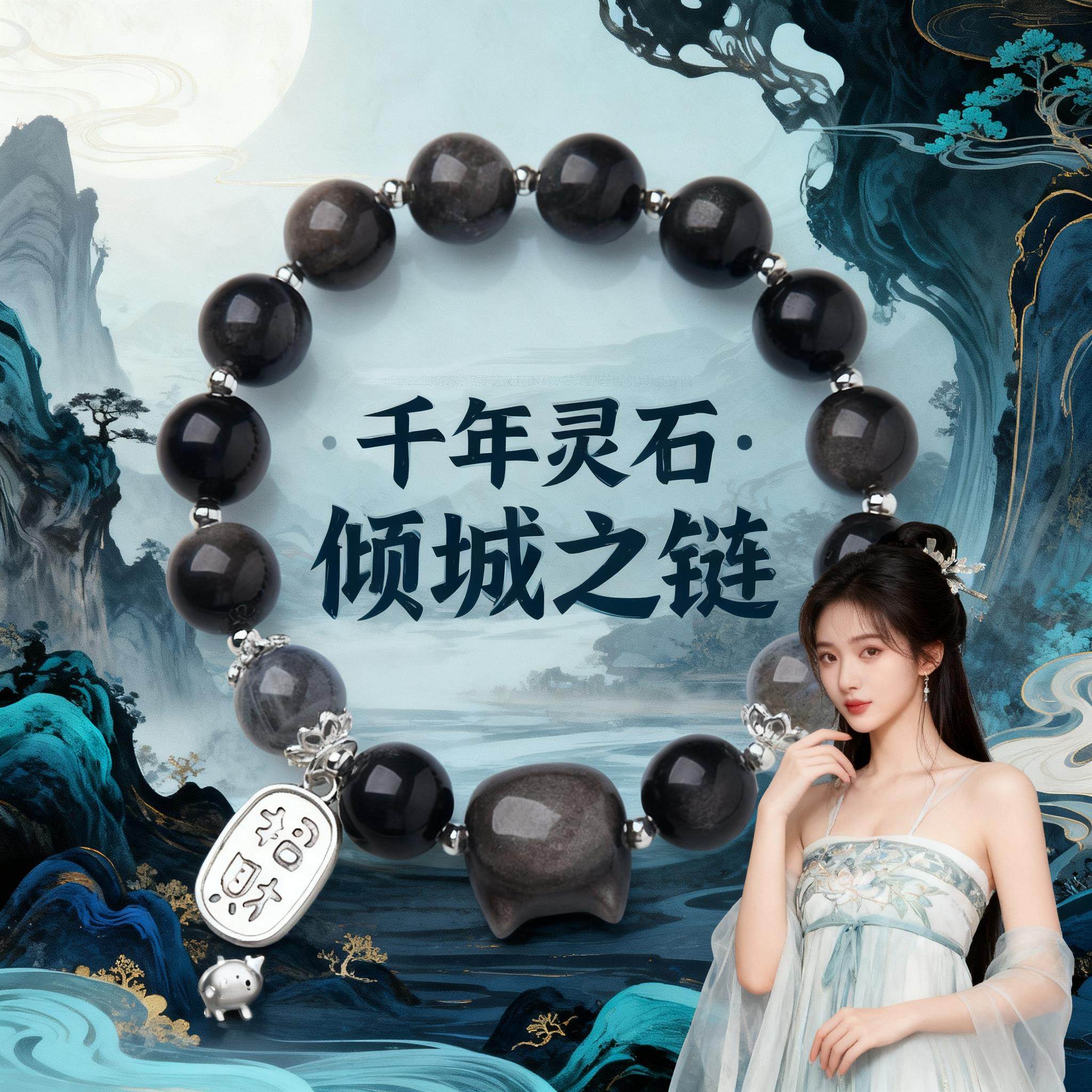 天然黑曜石萌猫手链女月