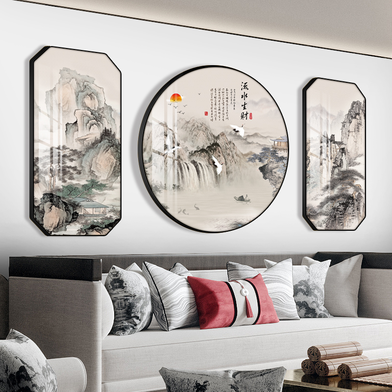 定做山水画客景画厅挂画中式沙背墙新装饰三联画室办公室发风景茶