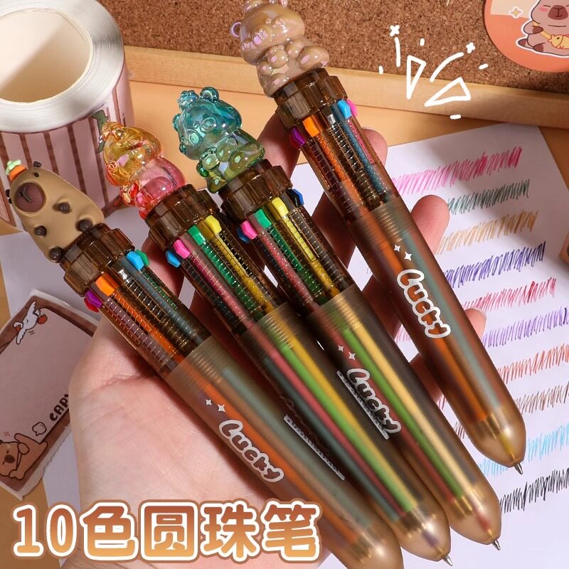 卡皮巴拉10色圆珠笔可爱卡通公仔笔学生用考试专用笔圆珠笔按压式彩