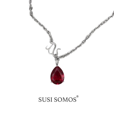 银镀金水滴红宝石男女简约项链
