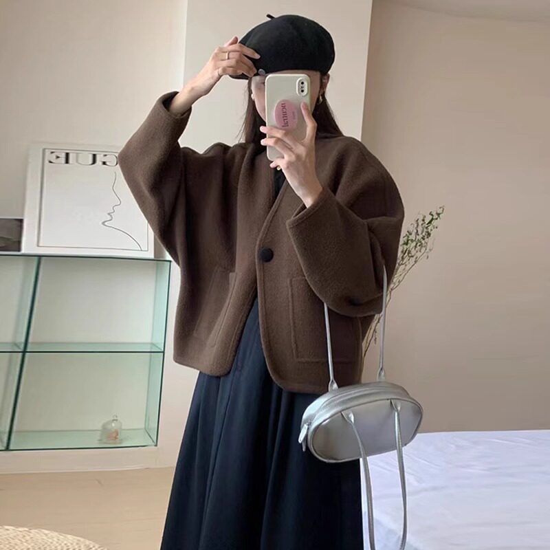 毛呢外套女2025秋季新款小个子韩版仿双面呢子大衣宽松大码