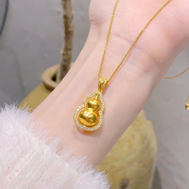 古法手工黄金镶钻葫芦吊坠项链女