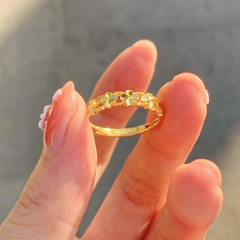 18k金四叶草戒指女999仿金素圈食