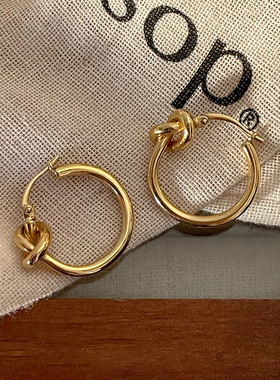中古ce风金色极简打结圆环耳环钛钢电镀24k金轻奢高级百掉色耳饰