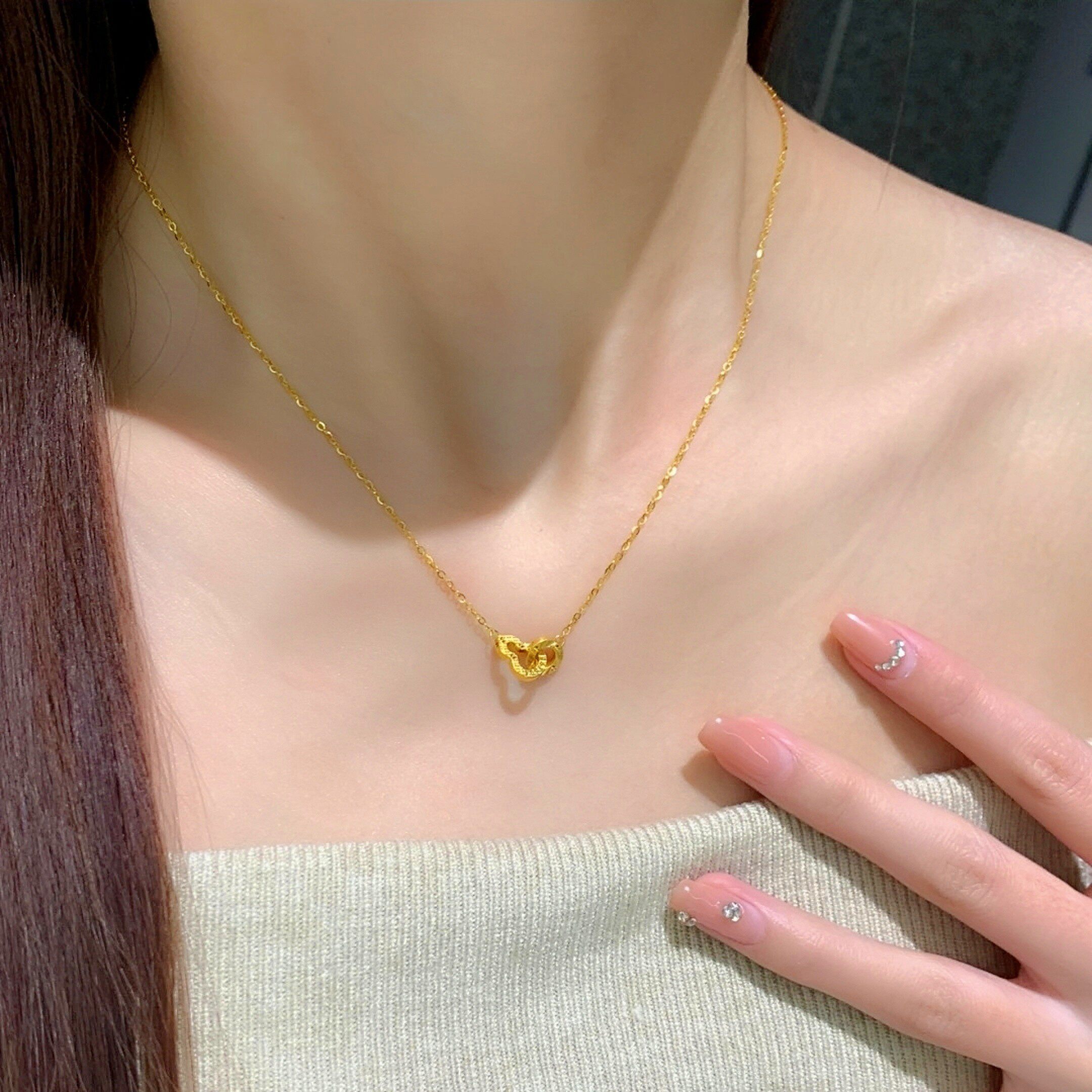S925纯银新中式双环葫芦项链女新款黄金色平安扣福禄高级感锁骨链