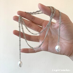 银白色蕾丝链条缠绕项链2025新款冷淡风设计感长款叠戴珍珠锁骨链