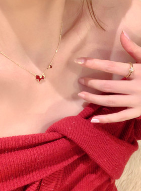 新年红色滴油金边小马项链女轻奢