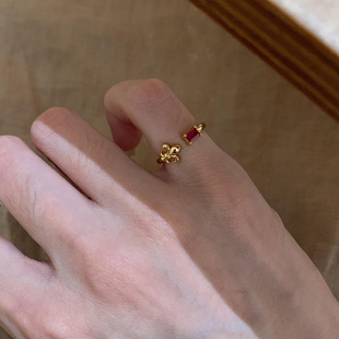 原创设计!中古vintage方形红宝鸢尾开口戒指时尚精致设计尾戒女