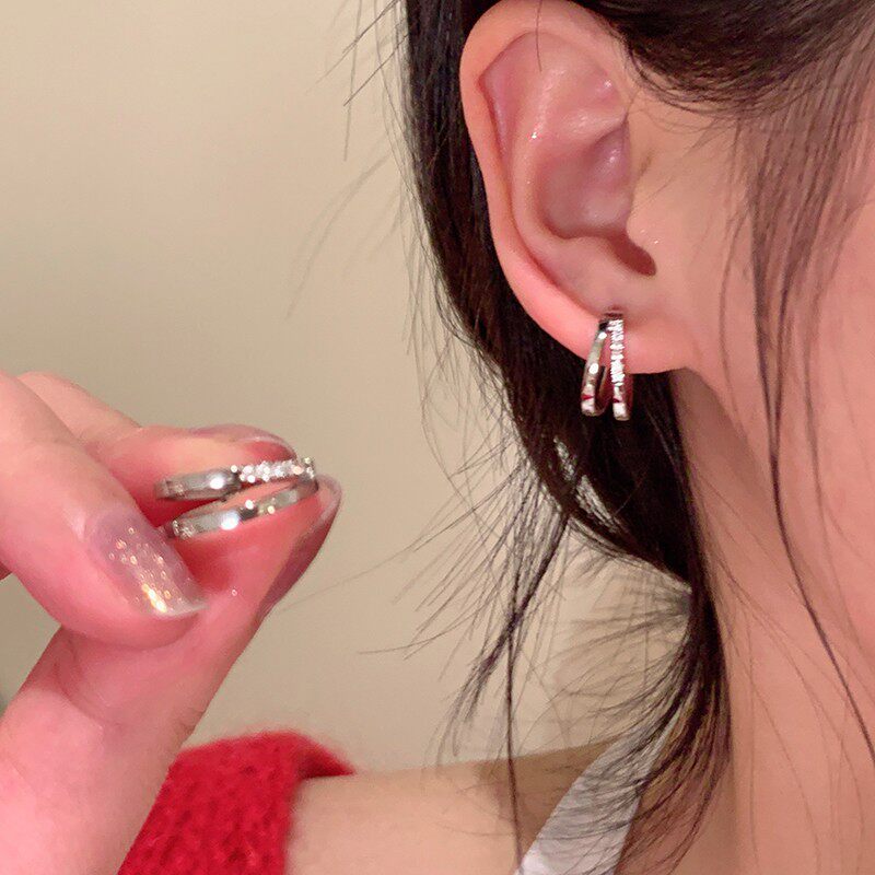 s925银针双层锆石耳环女高级感