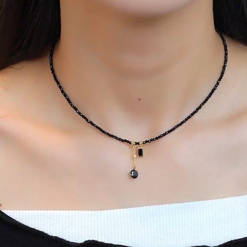 黑色水晶流苏项链女款高级感小