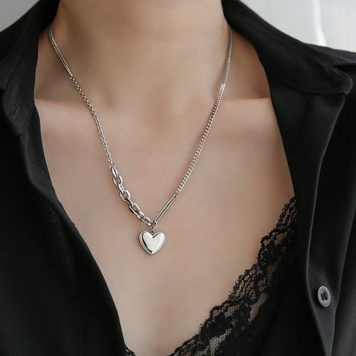不掉色银色爱心不对称项链女百搭