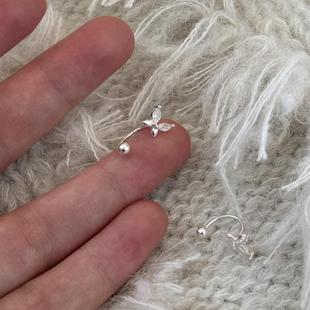 蝴蝶耳钉999纯银针耳饰上下双耳洞一体耳环螺丝足银高级扣耳骨钉