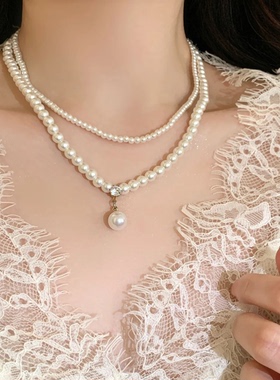 法式复古珍珠双层项链女款配饰