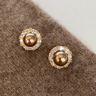 925银针老钱风法式复古南洋仿金珍珠耳钉女气质冬季新款耳饰耳环