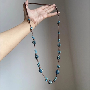 新中式国风蓝色陶瓷串珠项链女民族风编织吊坠长款毛衣链高级颈链