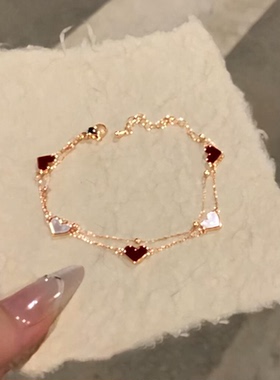 红色仿贝母爱心双层手链女士轻奢