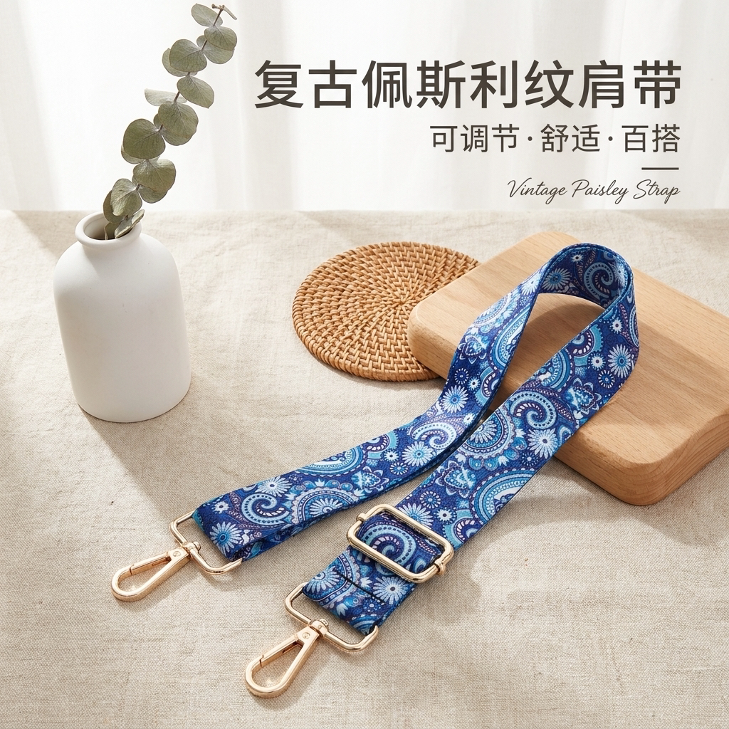 复古佩斯利纹织带包带可调节蓝色民族风替换配件金属扣肩带