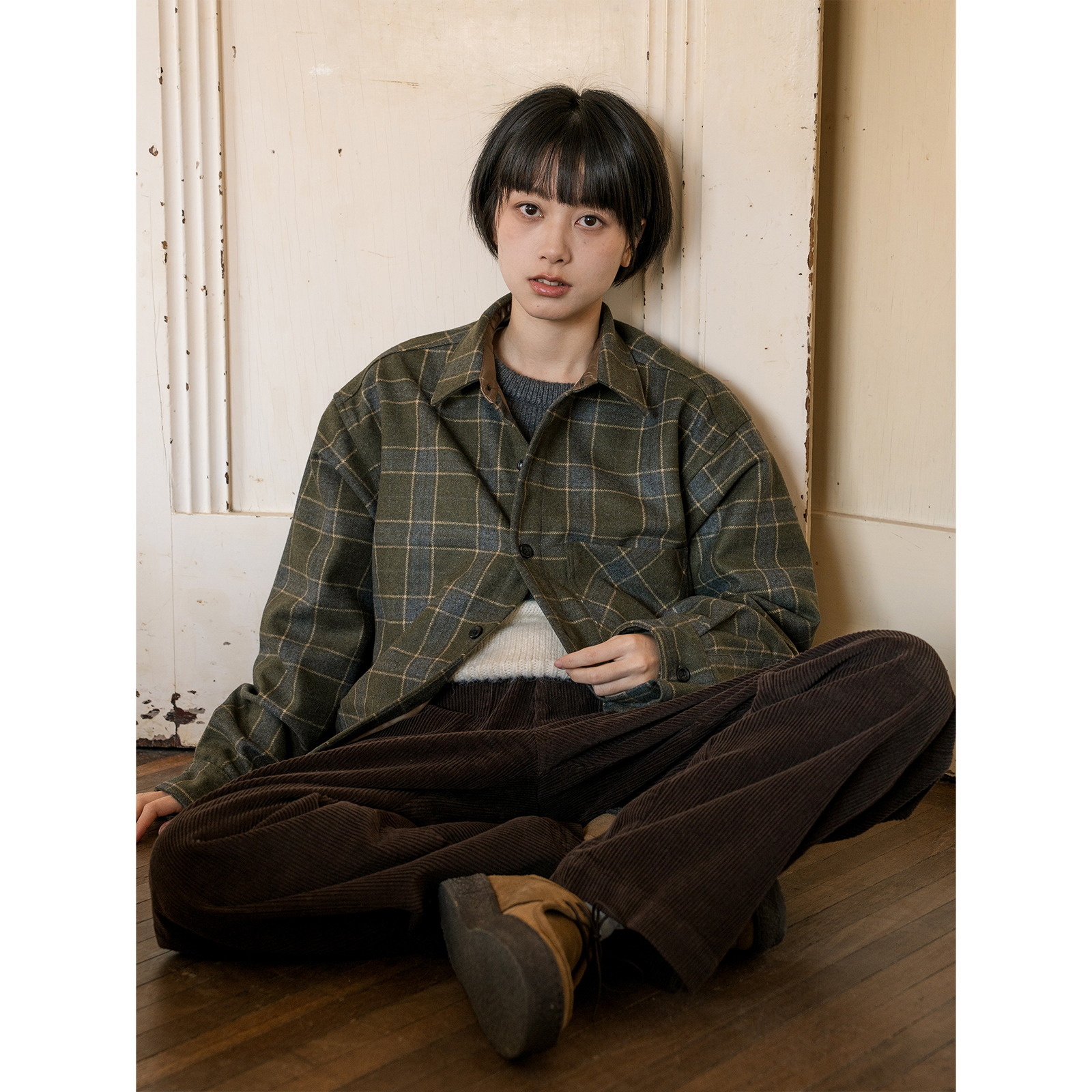 WHIMIN 羊毛混纺厚质格纹衬衫男女同款