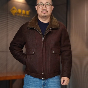 A2原生态醇植浆染羊皮毛一体男美式复古做旧重水洗真皮立翻领