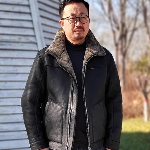 8018原生态醇植浆染羊皮毛一体男美式复古做旧重水洗真皮立翻领