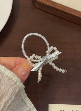 蝴蝶结珍珠小皮筋银色皮质头绳ins风女孩宝宝发圈扎马尾辫高弹力