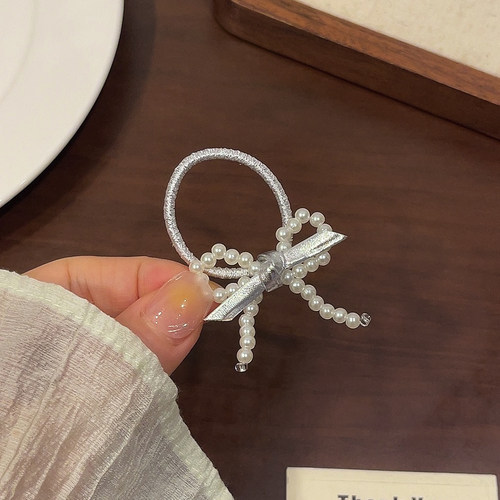 蝴蝶结珍珠小皮筋银色皮质头绳ins风女孩宝宝发圈扎马尾辫高弹力