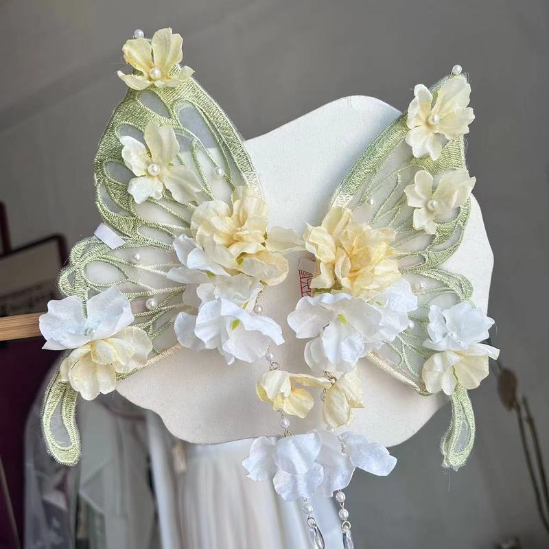 甜美大蝴蝶后压绢花发夹花朵超仙扑棱蛾流苏百搭古风汉服头饰配饰