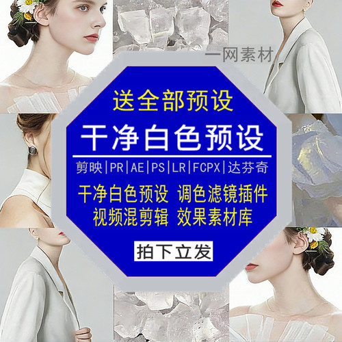 干净白色预设PR调色PS滤镜LR剪映FCPX达芬奇LUT插件剪辑视频素材