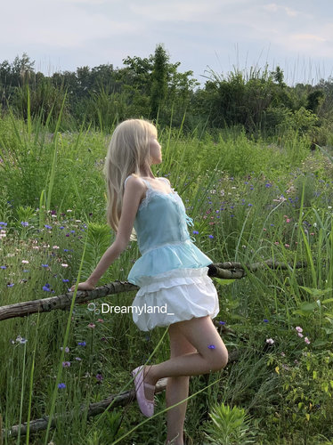 夏日vintage风甜美胸衣清新薄荷绿网纱拼接蕾丝吊带上衣