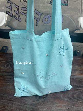 夏日海洋元素海星贝壳烫钻小众设计蓝色布包度假便携包包
