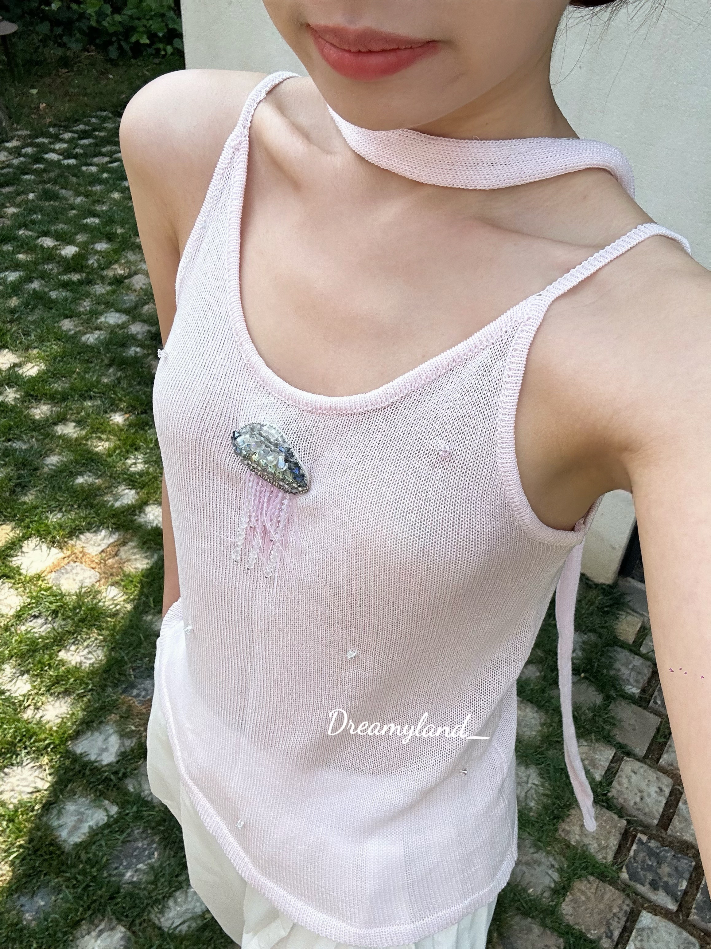 现货夏日手工水母串珠水钻立体吊带上衣粉色甜美少女度假风背心女