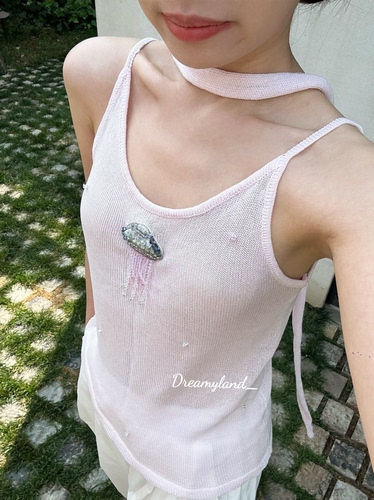 现货夏日手工水母串珠水钻立体吊带上衣粉色甜美少女度假风背心女