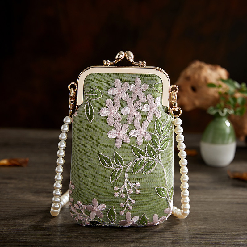 咪匠新中式国风女包斜挎手机包新款蕾丝刺绣包汉风包包甜美淑女风