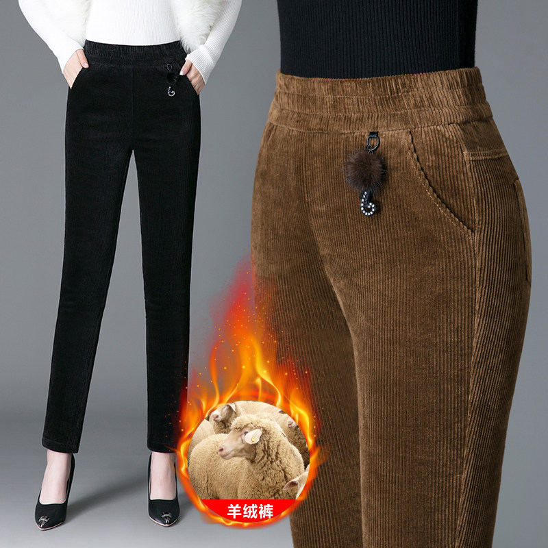 灯芯绒裤子女秋冬条绒加厚妈妈裤松紧高腰弹力休闲裤外穿宽松保暖