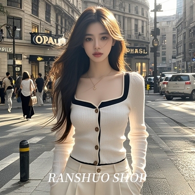 辣妹气质撞色方领独特绝美小上衣