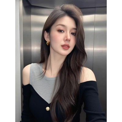 早秋独特修身假两件针织打底衫女高级设计感复古镂空露肩长袖上衣