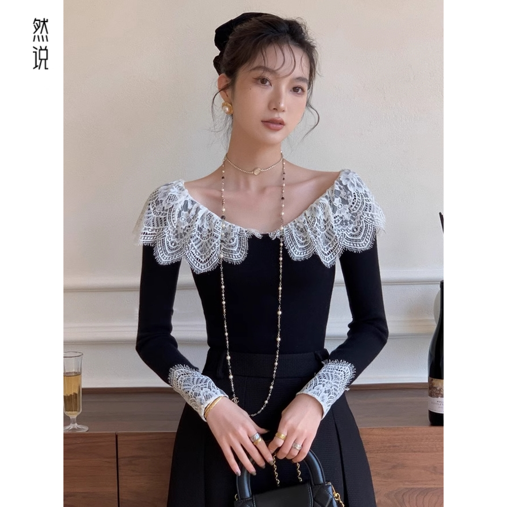 法式气质一字肩别致绝美小上衣蕾丝拼接露肩针织打底衫女内搭秋冬,女装/女士精品,毛针织衫,淘宝优惠券,粉丝福利购,淘宝优惠卷