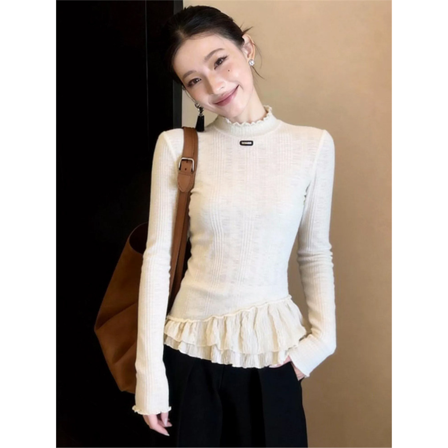 法式温柔风荷叶边半高领打底衫女内搭高级感修身正肩长袖上衣秋冬,女装/女士精品,T恤,淘宝优惠券,粉丝福利购,淘宝优惠卷